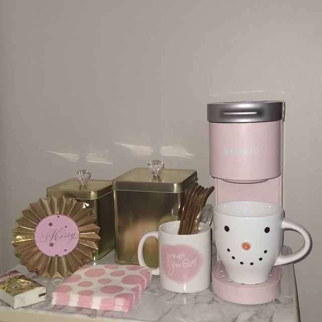 Pink coffee bar set up at the offices of Rollin Delivery and Errands